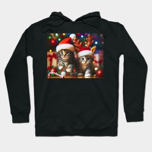 Cute kittens with Santa Claus and reindeer hats and Christmas tree Hoodie